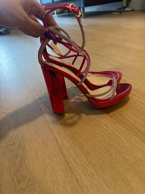 Charlotte Russe Fuchsia Metallic Block Heel Sandals with Rhinestone Straps